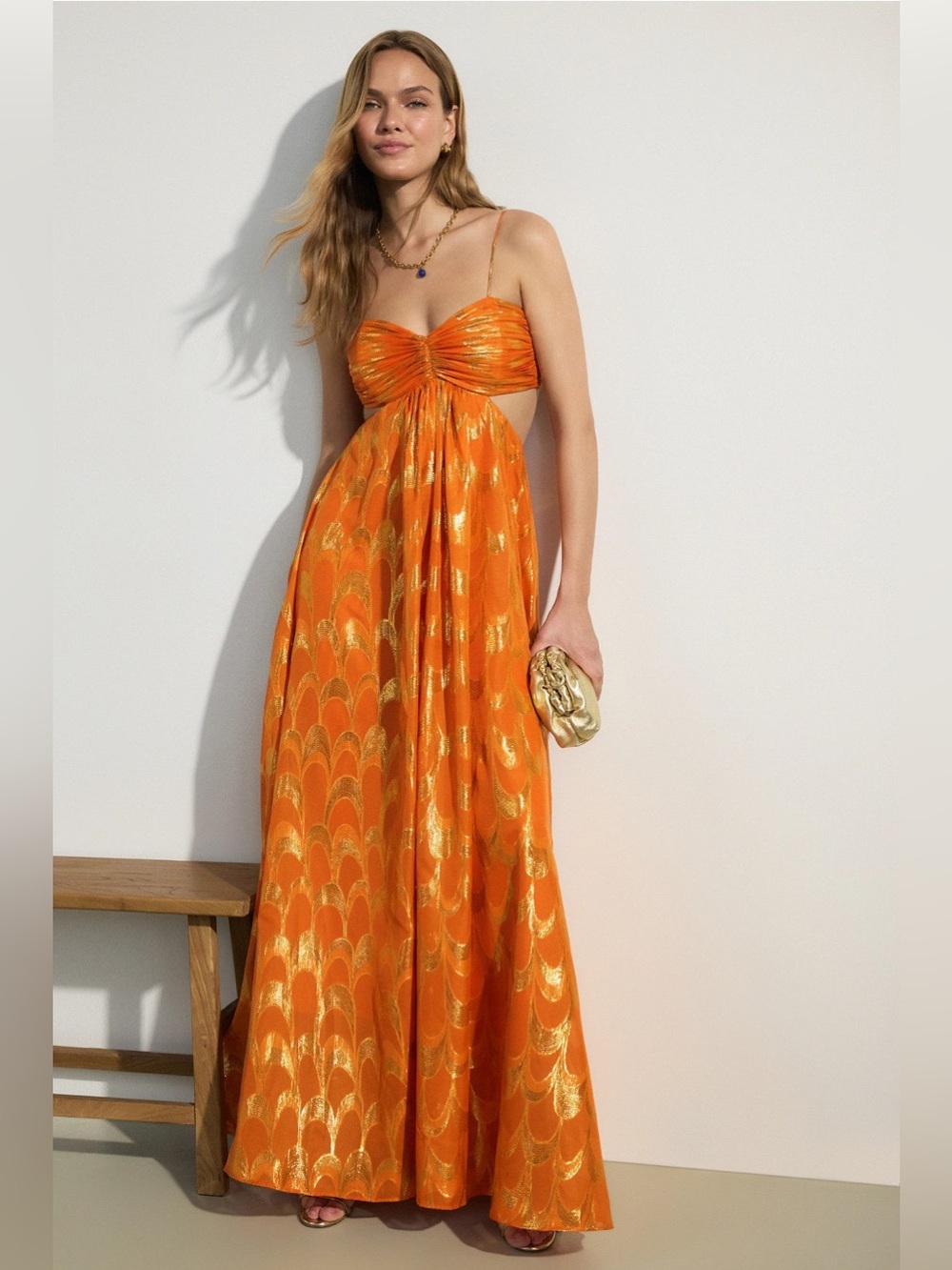 DELFI Collective Adele Dress Orange Metallic Cutout Maxi Dress Sz XS.